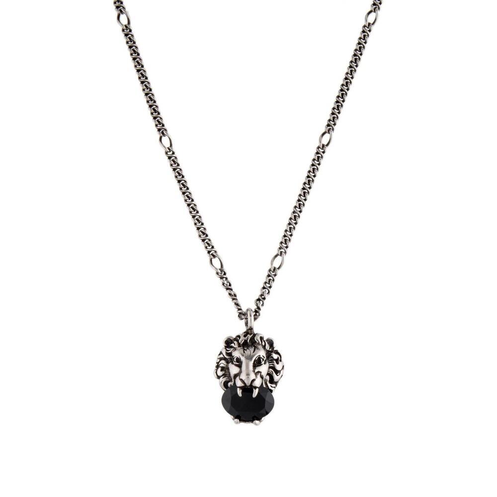 GUCCI Lion Head Crystal Necklace Black Crystal GG Men's Chain Length 600mm NIB